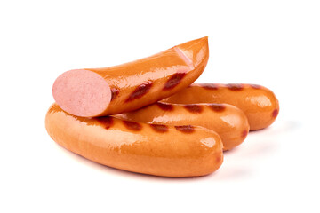Grilled frankfurter sausage, isolated on white background.