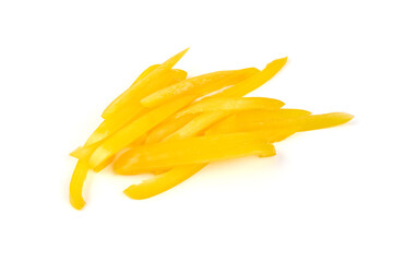 Sliced yellow bell pepper, isolated on white background.