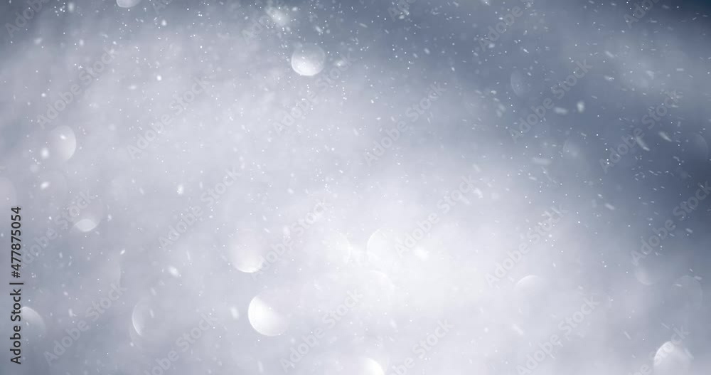Poster magic realistic snowfall loop on artistic blue bokeh sky background.