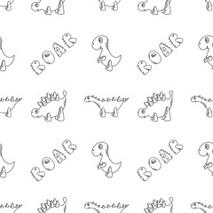 Children seamless pattern with cartoon dinosaurs and lettering “roar”. Cute childish characters. Outline vector illustration for colouring page, kids room decor, print, wallpaper, background.