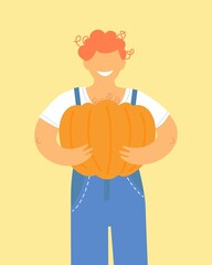 Farm man with pumpkin. Autumn flat illustration.