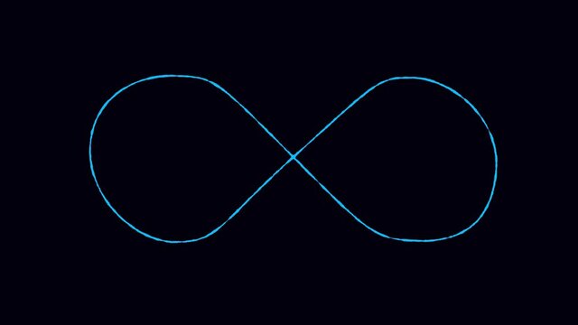 Infinity symbol appears of multiple  lines, animated figure. Emerging  color infinity sign on black background from many lines. Digital background. Footage. MP4.