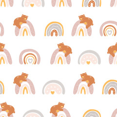 Boho Rainbow bear seamless pattern. Nursery and baby room. Abstract bear rainbow, minimalist arch. Cute animal stock modern trendy hand drawn flat illustration isolated on white background.