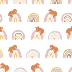 Foto op Plexiglas Regenboog Boho Rainbow Bear naadloze patroon. Babykamer en babykamer. Abstracte beer regenboog, minimalistische boog. Schattige dieren voorraad moderne trendy hand getekende vlakke afbeelding geïsoleerd op een witte achtergrond.