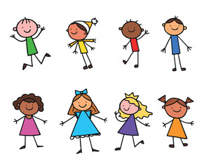 Group of funny kids girls and boys different race. Friendship concept. Happy cute doodle contour children. Hand drawn line style vector on white background.