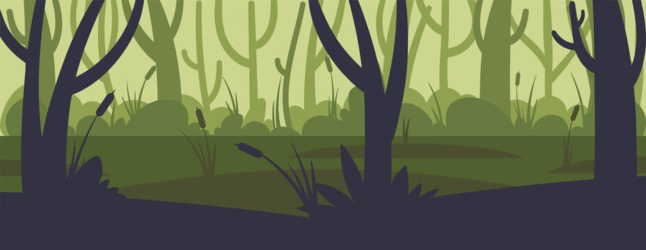 Cartoon green forest background with pond or swamp. Rainforest landscape day silhouette with a water, tree trunks and marsh grass. Vector cartoon illustration of wild jungle, forest.