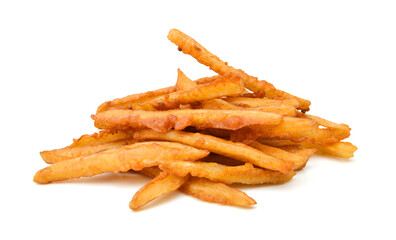 Homemade oil fried sweet potato fries on white background 