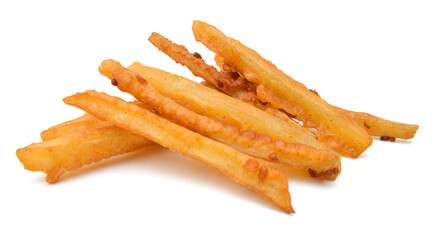 Homemade oil fried sweet potato fries on white background 