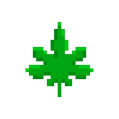 Green marijuana leaf pixel icon. Pixelated with narcotic cannabis relaxing effect natural ganja with medicinal vector effect