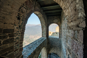 Scenic sight of the Sacra di San Michele (Saint Michael's Abbey). Province of Turin, Piedmont, Italy.