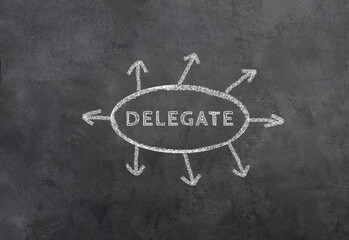 The word delegate is standing in a cricle, arrows pointing to the outside, copy space for text,...