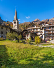 The beautiful village of Alagna Valsesia, during fall season, in Valsesia (Sesia Valley). Province of Vercelli, Piedmont, Italy.