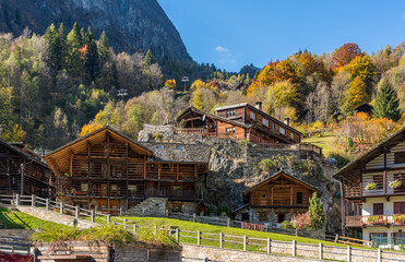 The beautiful village of Alagna Valsesia, during fall season, in Valsesia (Sesia Valley). Province...