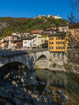 The beautiful village of Varallo, during fall season, in Valsesia (Sesia Valley). Province of Vercelli, Piedmont, Italy.