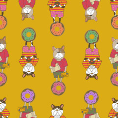 ブルドッグとドーナツのシームレスなパターン。テキスタイル、壁紙、包装紙のデザイン。