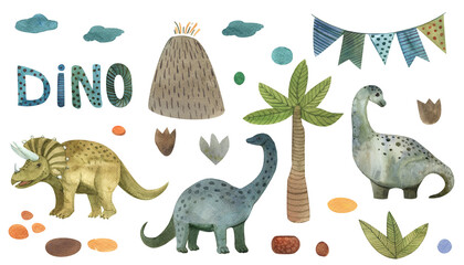Set of dinosaurs, diplodocus, triceratops, dinosaur egg,footprints and rocks,footprints and volcano,watercolor illustration for children © Дарья Артемова