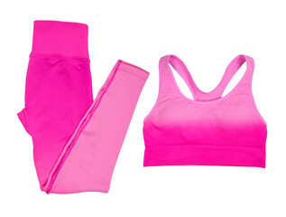 Women's sportswear pink for workout leggings and bras isolated on white background.