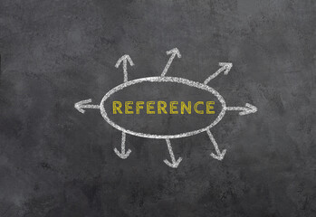The word reference is standing on a chalkboard, circle with arrows, business evaluation, customer...