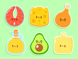 Cute happy keto food icons set. Vector hand drawn trendy cartoon character illustration. Set of keto diet for postcard, print, label set concept