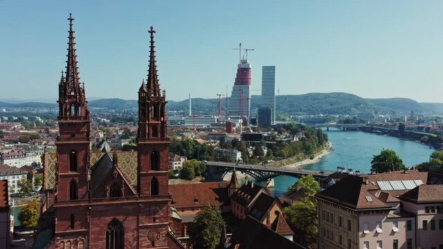 Basler Muenster with the Rhein in Basel at summer - Moving forward - Aerial 4k