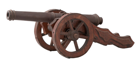 Old vintage cannon wood metal isolated on white background