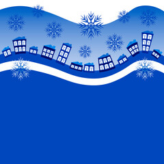 Naklejka na ściany i meble An illustration on a square background, a website cap, a postcard or a book - a winter village or houses in the snow