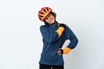 Young English cyclist woman isolated on white background suffering from pain in shoulder for having made an effort