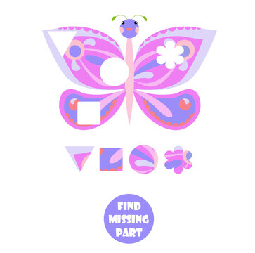 Cute cartoon butterfly. Complete puzzle, find missing parts of the picture. Game for kids. Stoock vector illustration for web, for print