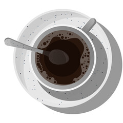Vector top view of ceramic cup with black tea on saucer with spoon isolated on white background.

