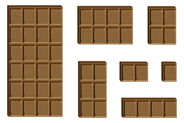 Vector milk chocolate bar and pieces isolated on white background.
