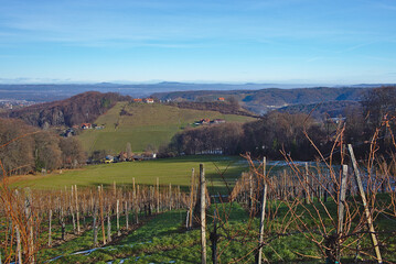 Fototapeta na wymiar Sunny, spring landscape with South Styrian vineyards, known as Austrian Tuscany.A charming region on the border between Austria and Slovenia with rolling hills, picturesque villages and wine taverns.