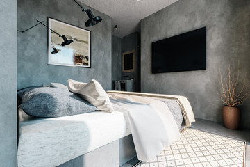 3d rendering of bedroom interior, connected to the open bathroom, all made from concrete