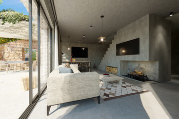3D rendering of modern, contemporary villa interior living room, connected to outdoor terrace with pergola covered in vegetation © Miroslav Posavec