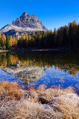 Stunning view of popular travel destination mountain lake Antorno in autumn. Location: Antorno lake, Dolomiti alps, Province of Belluno, Italy, Europe