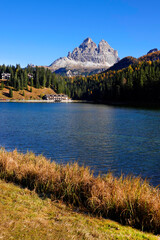 View of famous Tre Cime peaks in Tre Cime di Lavaredo National Park, Dolomiti Alps, South Tyrol, Italy