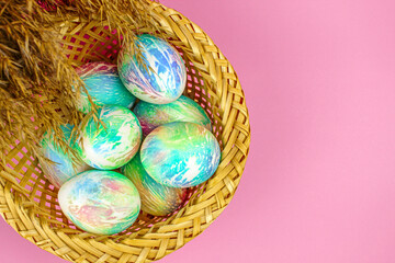 Easter eggs on a pink background. chicken eggs. Easter set. Easter. Space eggs