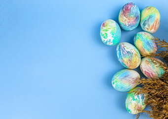 Fototapeta na wymiar Easter eggs on a blue background. chicken eggs. Easter set. Easter. space eggs