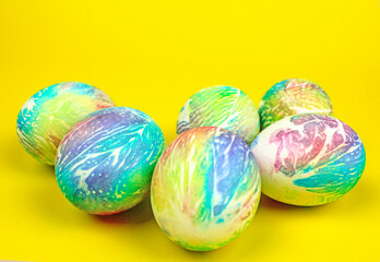 Fototapeta na wymiar Easter eggs on a yellow background. chicken eggs. Easter set. Easter. space eggs