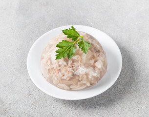 Traditional Russian festive cold appetizer. Pork jelly with pieces of meat with parsley on a plate on a light gray background. Top view