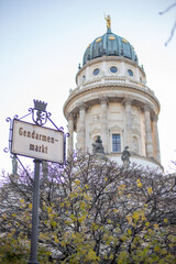 View of French Cathedral on Gendarmen markt square. Gendarmenmarkt, historic.