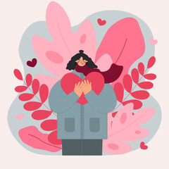 Vector card with st valentine concept. A girl holding a big heart. 