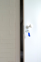 Open door to a new flat. Door handle with key.