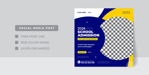 School admission square banner. Suitable for educational banner and social media post template,  school admission banner template