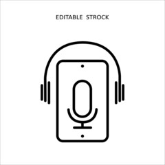Phone podcast icon. Microphone, smartphone and earphone line symbol. Vector voice radio icon. Audio podcast logo. Editable stroke