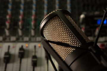 sound mixer and faders with condenser microphone DJ disco