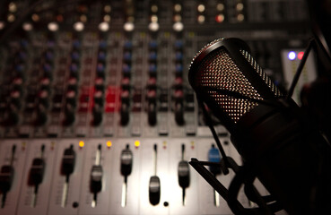 sound mixer and faders with condenser microphone DJ disco