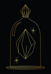 Vector gold lineart sketch quartz crystal in a glass dome on black