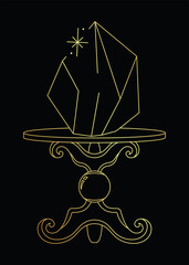 Vector golden line art sketch quartz crystal on a stand on black