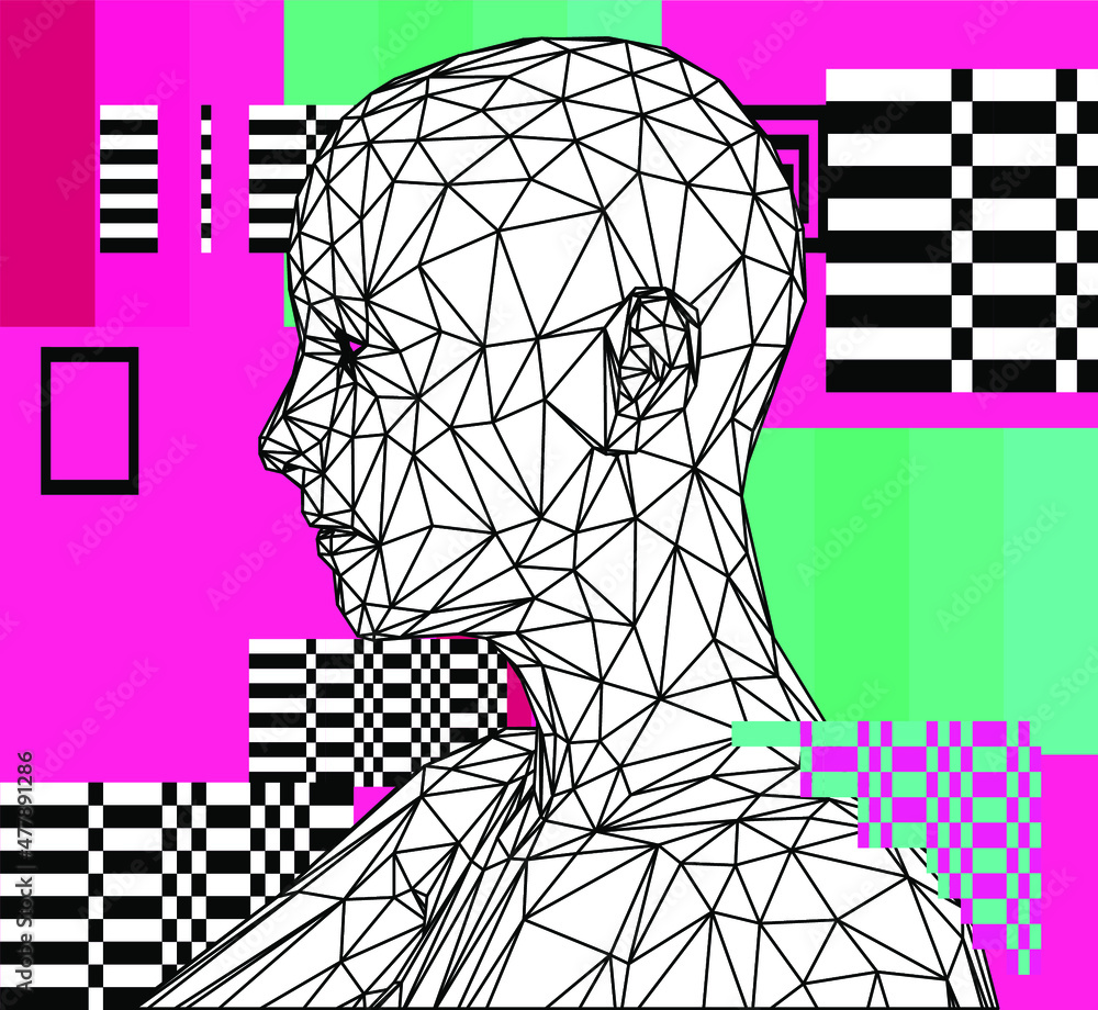 Poster 3D low poly model of a human head on pixelated and glitched background. Conceptual illustration of Artificial intelligence and Cyber Security.