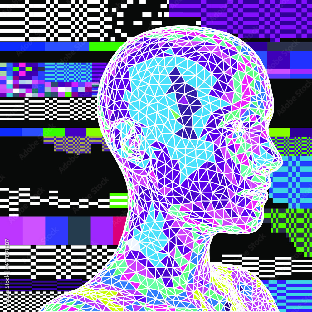 Poster 3d low poly model of a human head on pixelated and glitched background. conceptual illustration of a